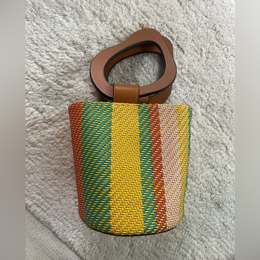Charles & Keith striped woven clutch bag wood faux leather crossbody green pink